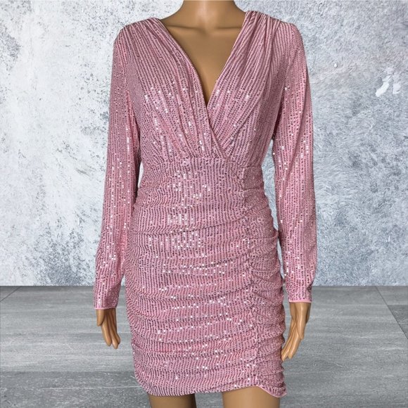 Sequin Ruched Mini Dress Small S Pink Lined Plunging Deep Neckline Long Sleeves - Picture 7 of 16